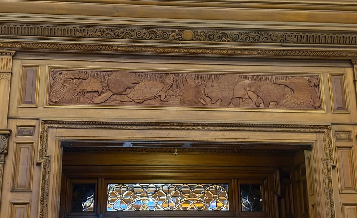 Eagle, beaver, turtle, wolf, bison, bear, raven