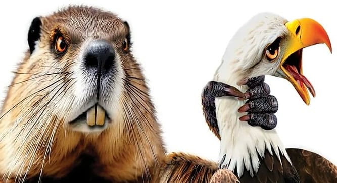 Angry beaver throttles bald eagle