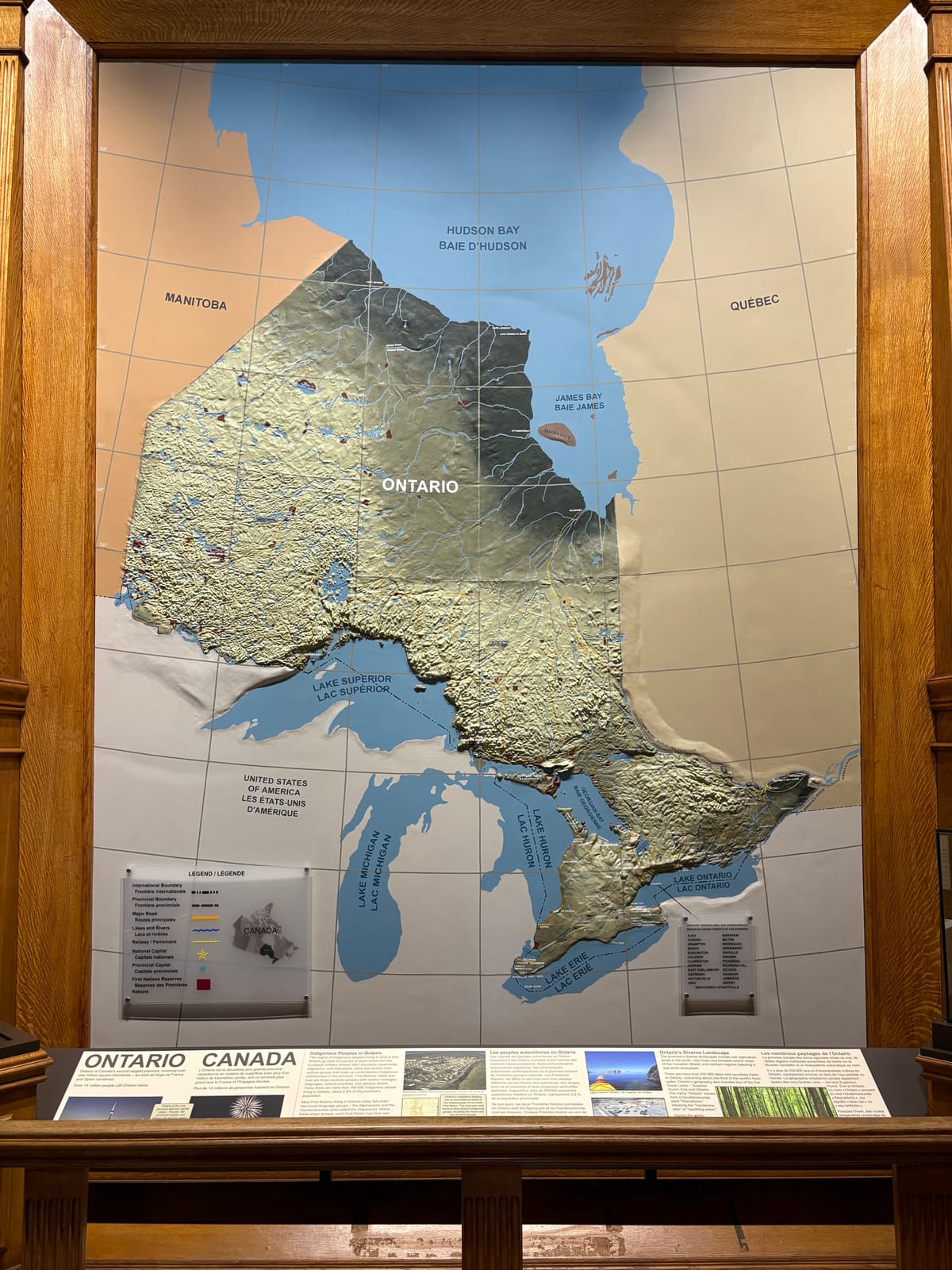 Topographical map shows the vast province of Ontario and the Great Lakes region up to Hudson Bay