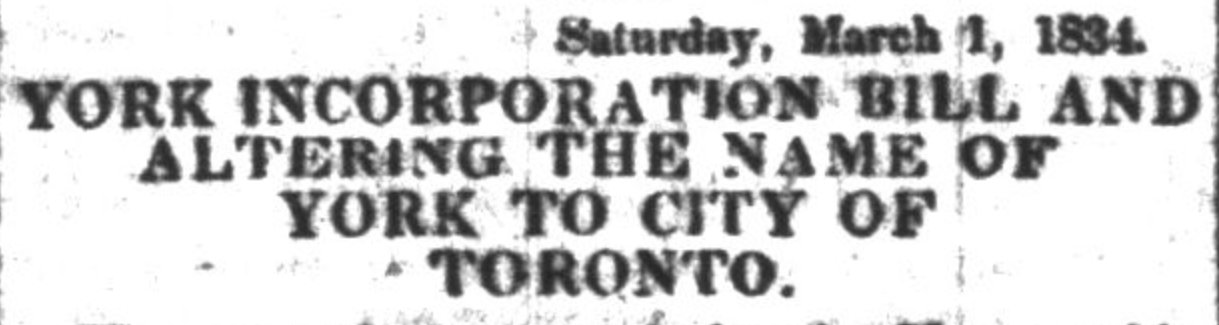 York Incorporation Bill and Altering the Name of York to City of Toronto